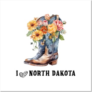 I Love North Dakota Boho Cowboy Boots with Flowers Watercolor Art Posters and Art